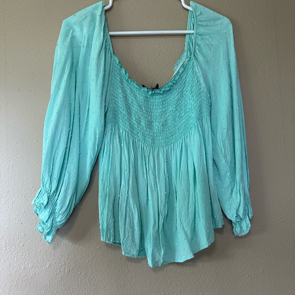 Blue Smocked 3/4 Sleeve Relaxed Blouse